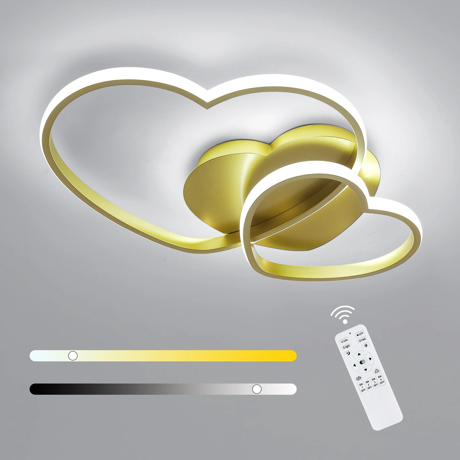 Plafoniera a LED a forma di cuore da 48 W moderna, dimmerabile con telecomando Lampada da soffitto 3000 K-6500 K dorata per camera da letto, sala da pranzo