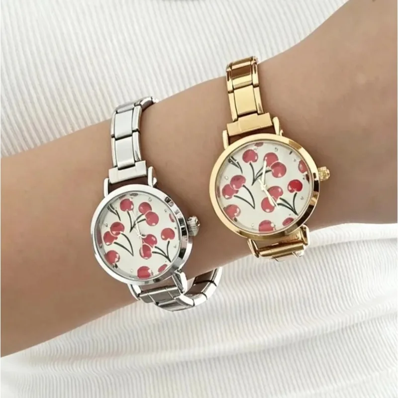 Sweet Cherry Trendy Hip-hop Cherry Watch for Women Stainless Steel Band Gold Silver Casual Party Accessory Youth Quartz Watch