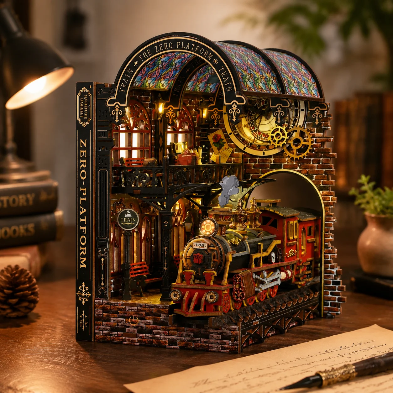 DIY Wooden Book Stand 3D Puzzle Kit Handmade Miniature Cabin House Model Assembly Toy Pop Up Book Nook Home Decor Gift Ages 14+