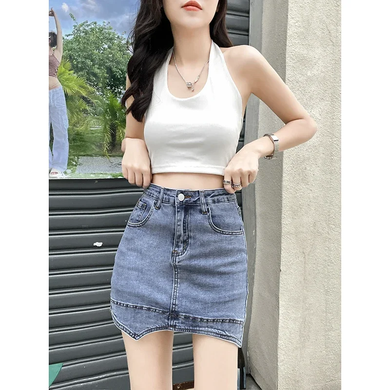 

Women's Mini Skirt Fashion Irregular Jeans Skirt Korean Fashion Elastic High Waist Slim A-line Women Anti Glare Short Skirts