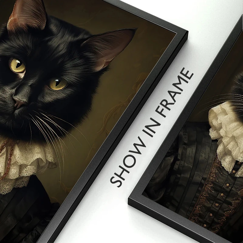 Vintage Renaissance Cat Portrait Black Cat Victorian Gothic Poster Canvas Painting Wall Art for Living Room Home Decor Frameless
