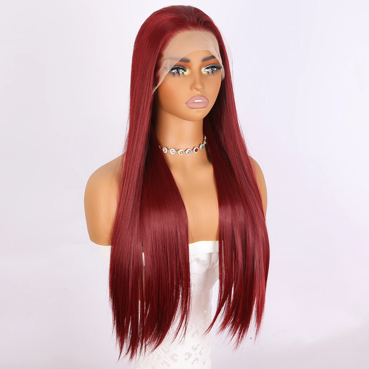 Suitable For Black Women's Daily Natural Role-Playing Wig Hand Hook Lace Long Straight Hair Red Split Bangs Straight Hair Wig