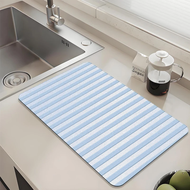 

Light Blue Striped Kitchen Drying Mat - Absorbent Non-Slip Quick Dry Pad for Sink Countertop