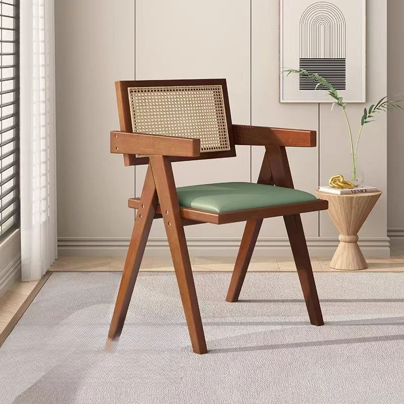 

Nordic Living Room Dining Chair Antique Restaurant Household Solid Wood Rattan Back Chair