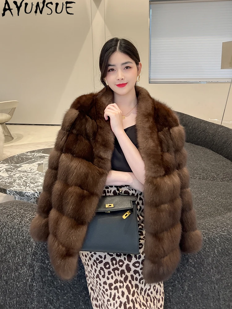 AYUNSUE 2025 vestes de fourrure de vison naturel femme col en v veste d'hiver de fourrure de vison de luxe pour femme vêtements de haute qualité tyleфта Ramonхом