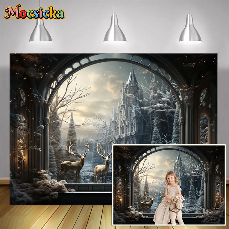 Winter Forest Castle Backdrop Little Girl Children Portrait Photo Booth Studio Props Christmas Xmas Tree Photography Backgrounds