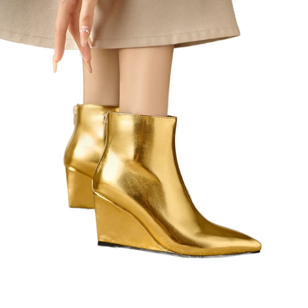 

Ankle Boots Women Autumn Winter Fashion Pointed Toe Wedge Heel Gold Silver Back Zipper Party Platform Boots Big Size 46 168-20