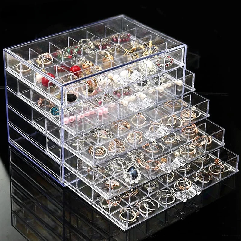 

Transparent jewelry storage box with 120 compartments, multi-tiered plastic display rack with drawers, and organizer for craft