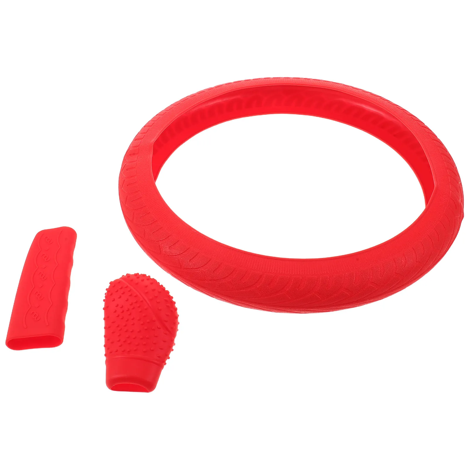3Set Steering Wheel Cover Silicone Anti-Slip Red Car Interior Upgrade Daily Driving Gear Shift Handbrake Sleeve Protective Set