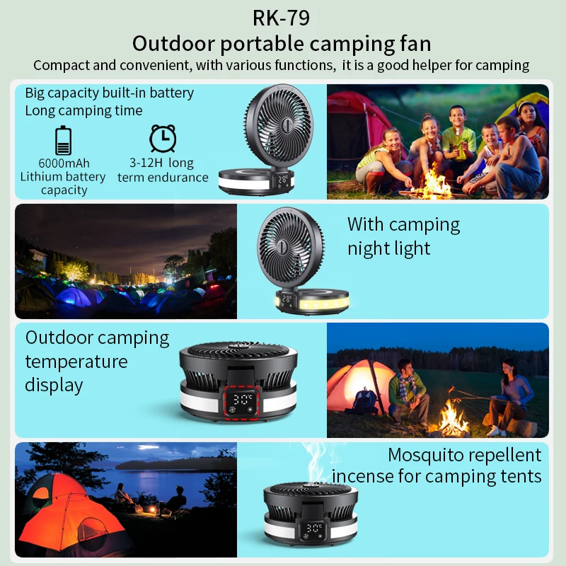 Nieuwkomer 2023 Desktopventilator, Draagbare Oplaadbare Usb-Ventilator Met Led-Licht Outdoor Campinglichtventilatoren