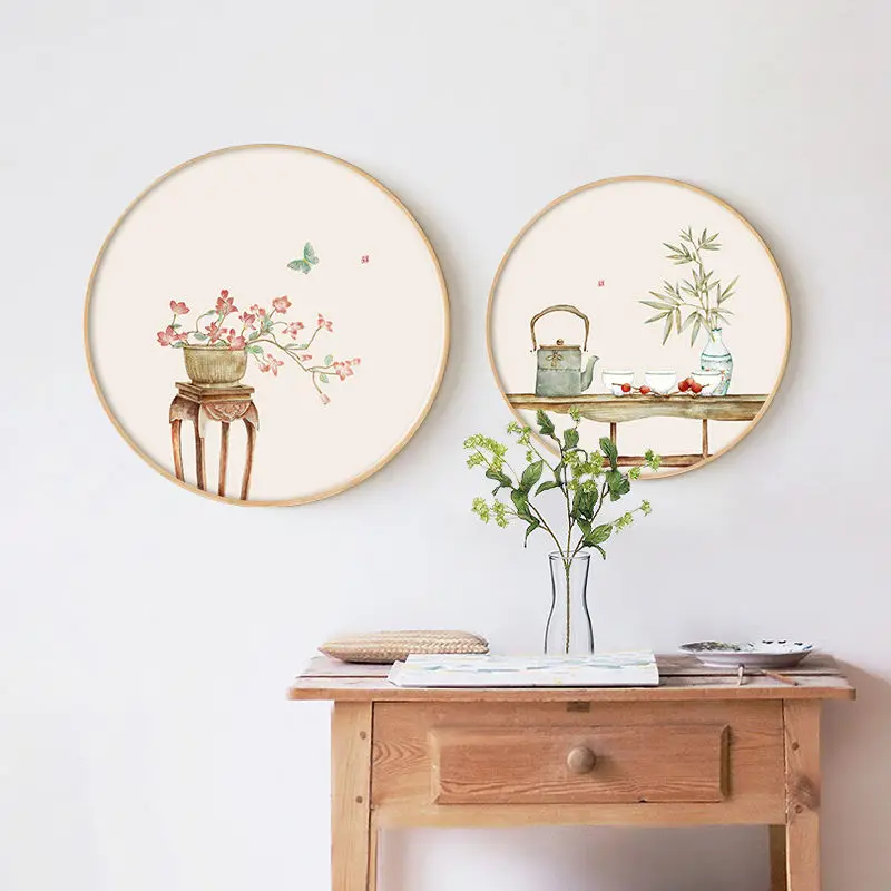 

​Japanese Zen Round Wall Art, Solid Wood Frame Floral Painting for Restaurant Living Room, Vintage Home Decor Canvas