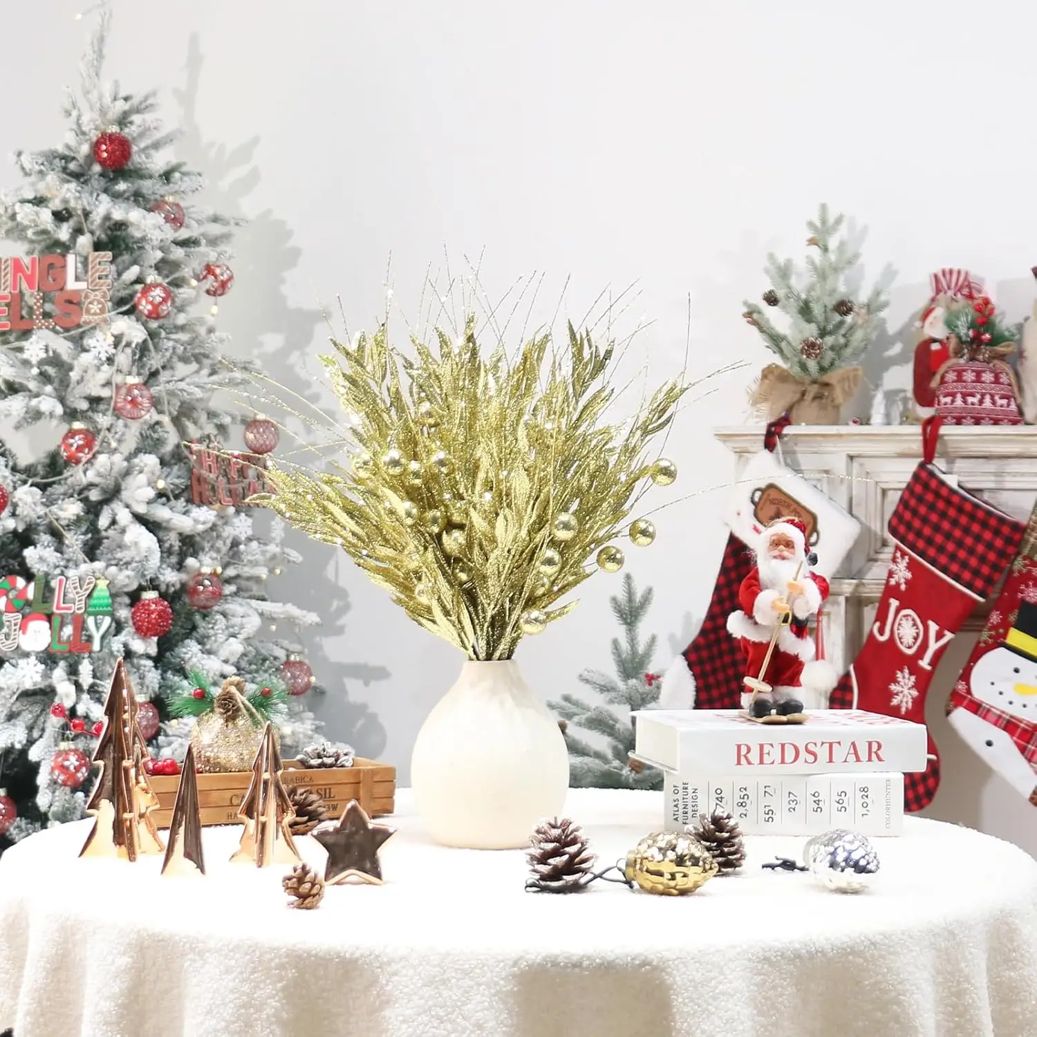 10PCS Gold Christmas Tree Decorations, Artificial Glitter Berry Branches for Tree, Vase Filler, Holiday Home Decor