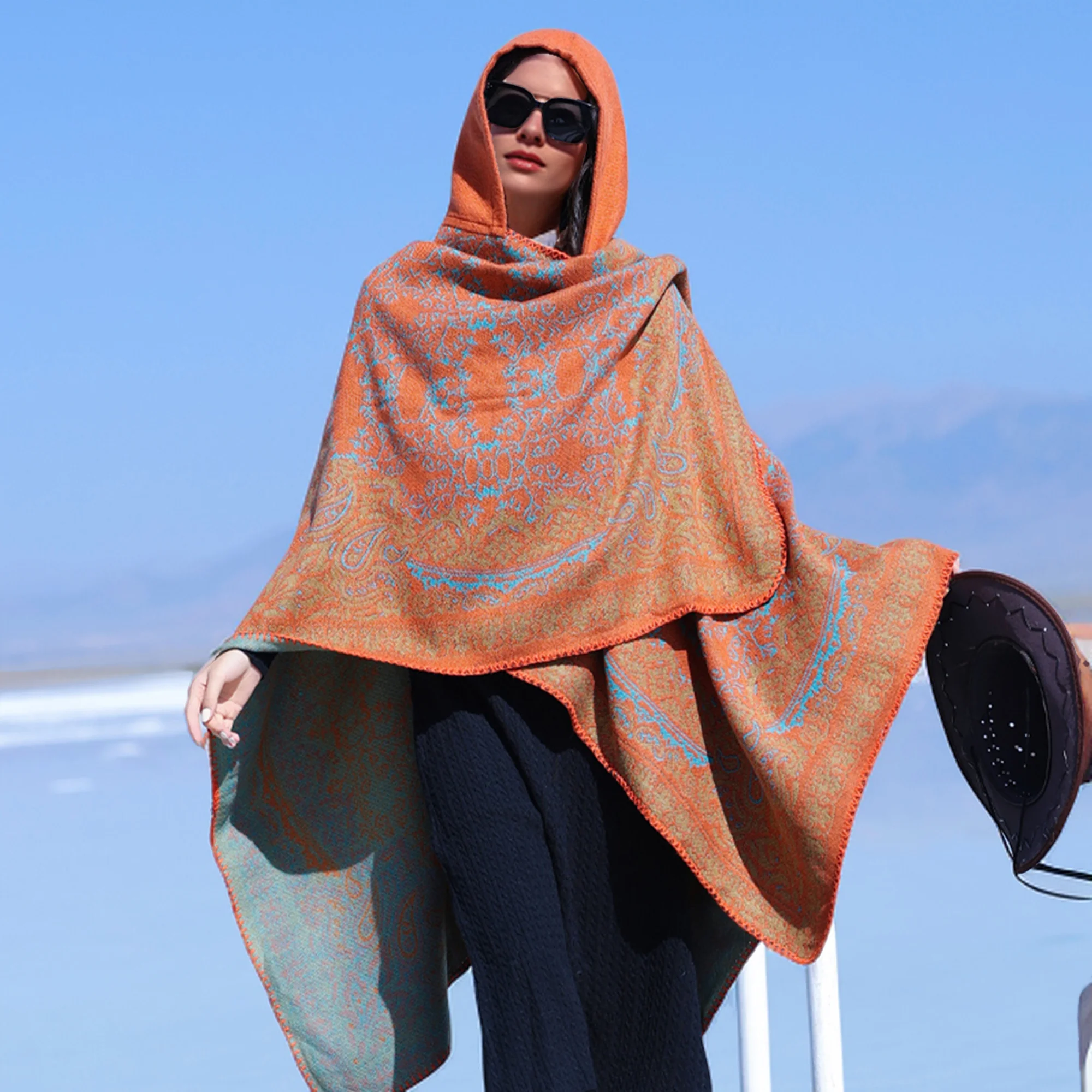 

Новая модная женская толстовка с узором, элегантная шаль, толстый двусторонний шарф, осень/зима, теплое пальто для путешествий на открытом воздухе, плащ