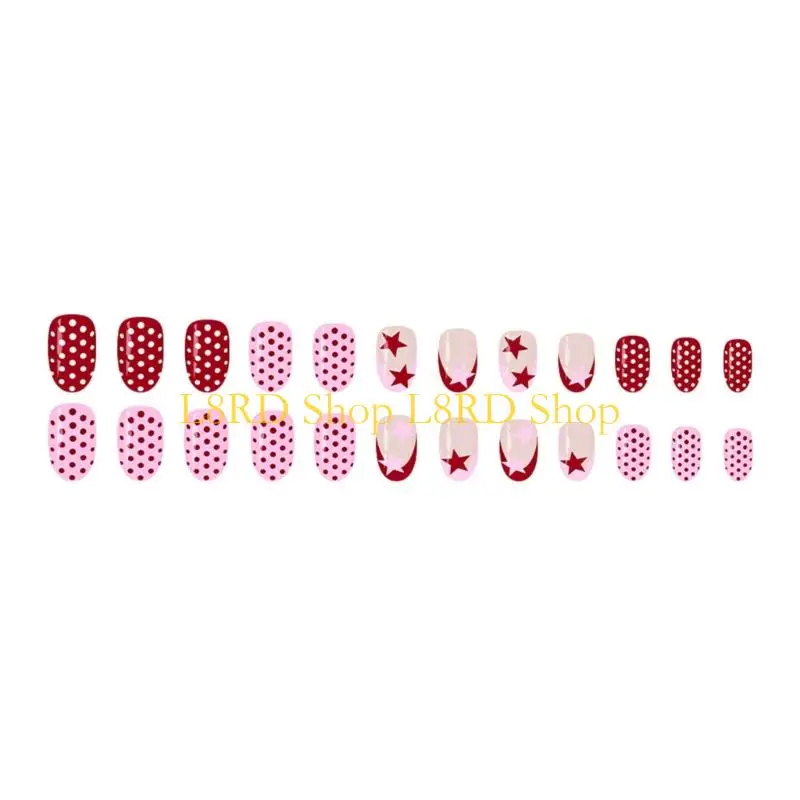 

L8RD 24Pieces Oval Shaped Presses On Glossy French Tips With Red Pink Polkas Dots For Special