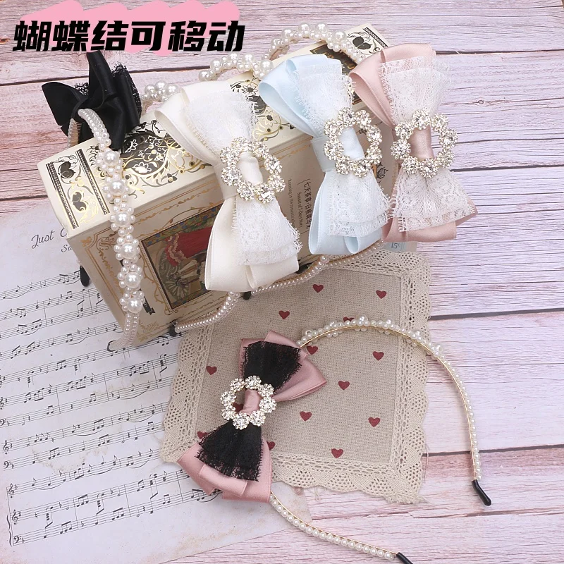 

Милые милые аксессуары для волос в стиле Лолиты для девочек, массовый головной убор ручной работы, кружевной бант, стразы, цветок, пряжка, жемчужная повязка на голову для женщин