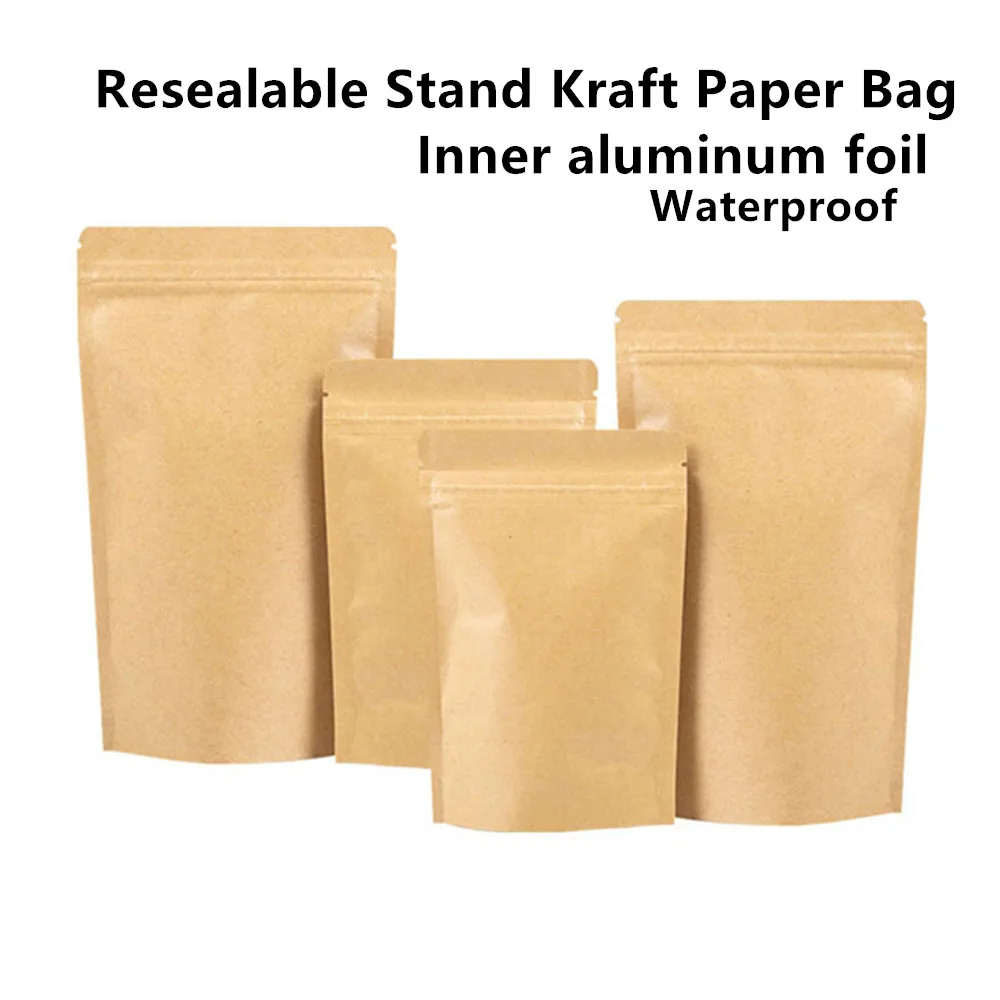 100pcs Resealable Brown Stand Up Kraft Paper Zip Lock Bags with Inner Aluminizing Foil Pouch for Snacks,Coffee Bean,Tea Package
