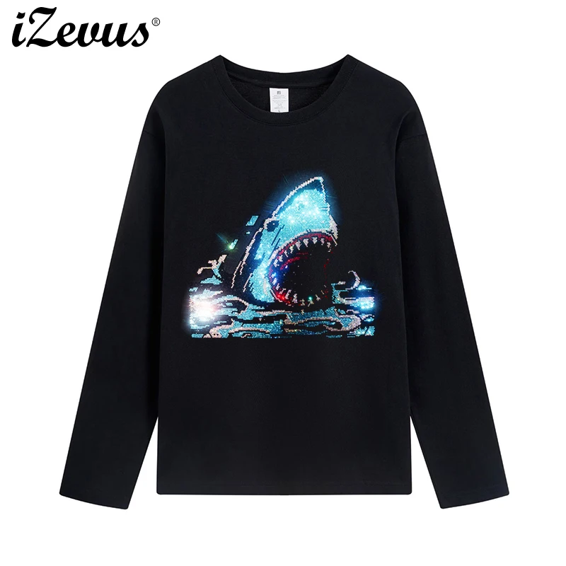 2025 new women's spring and fall cotton long-sleeved casual T-shirt new drill figure shiny shark diamond graphic T-shirt