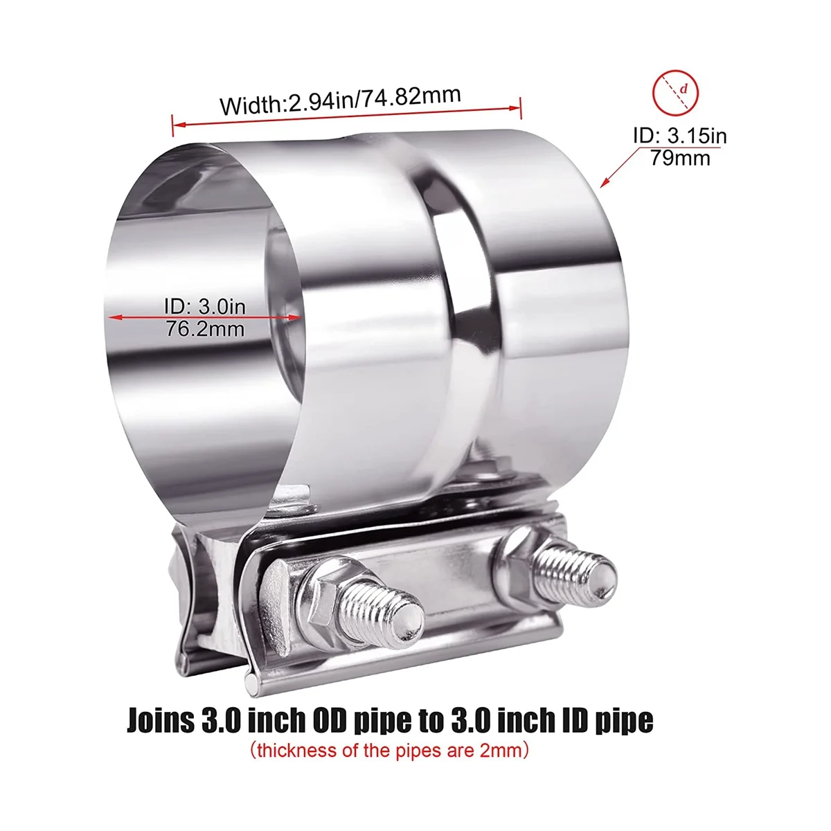 랩 조인트 배기 밴드 클램프 슬리브 커플러, 스테인레스 스틸, 3 인치 배기 클램프, 2 개