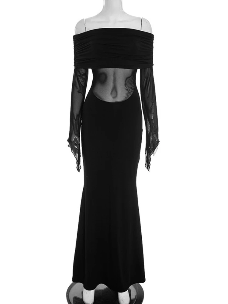 Tossy Sexy Off-Shoulder Sheer Long Dress For Women Slim See-Through Inclined Shoulder Solid High-Waist Female Mermaid Maxi Dress