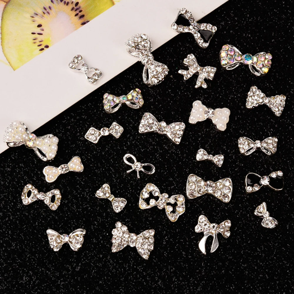 10pcs Diamond Bowknot Nail Charm 3D Shiny Pearl Crystal Silver Alloy Edging Bow Ribbon Nail Jewelry Cute DIY Nail Decor Parts