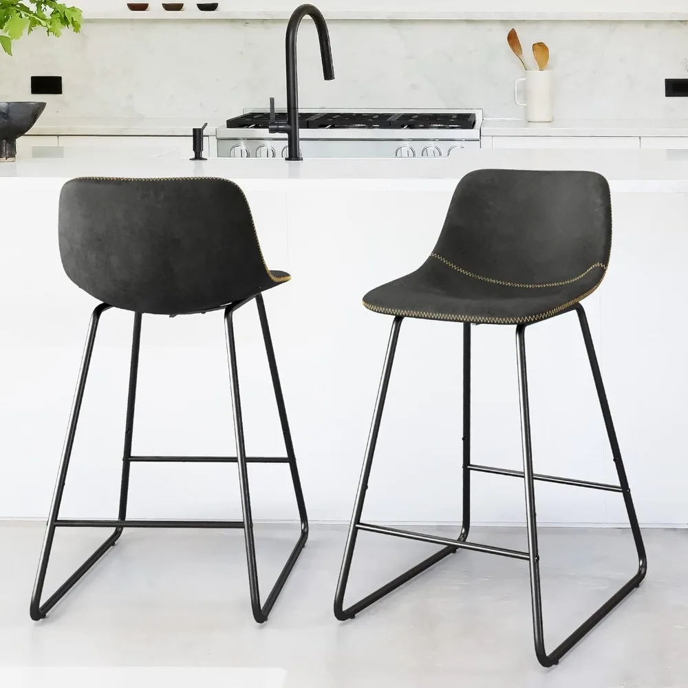 Alexander Indoor/Outdoor Industriële Faux Lederen Barkrukken Set Van 4, Stedelijke Armloze Eetkamerstoelen Met Metalen Poten, Moderne Toonbank