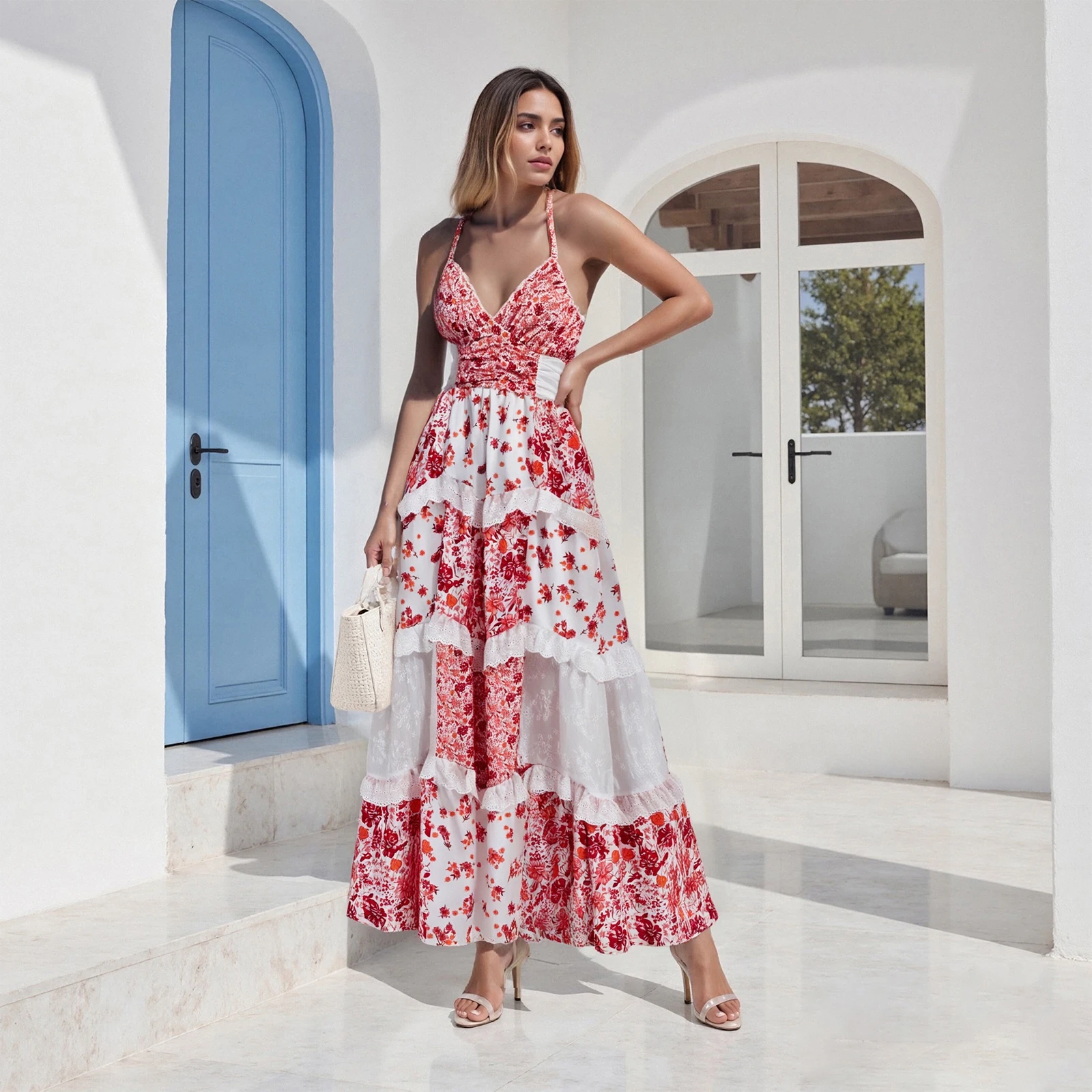 Vestido longo feminino com estampa floral, sem mangas, alça espaguete, vestido plissado em camadas, vestido de férias