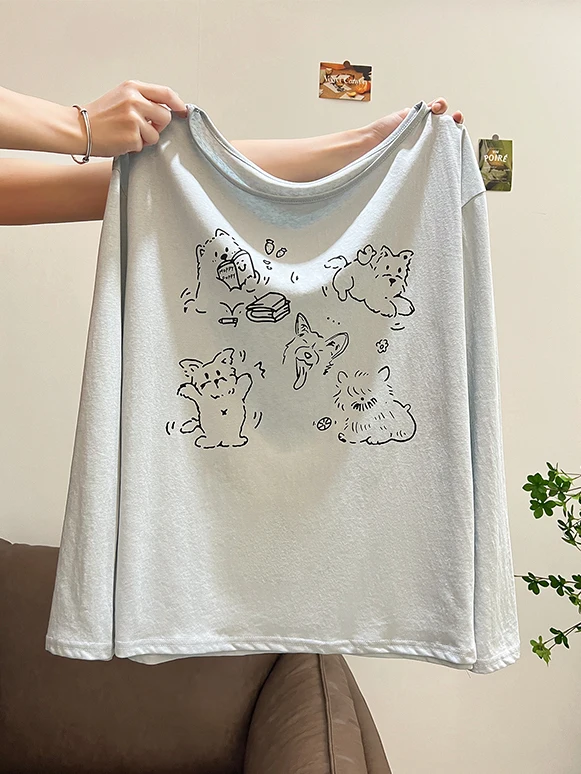 

Хлопковая футболка с длинным рукавом и мультяшным принтом снежинок, женская свободная футболка в стиле Sweet Sle, весенне-осенний топ, повседневная модная свободная одежда