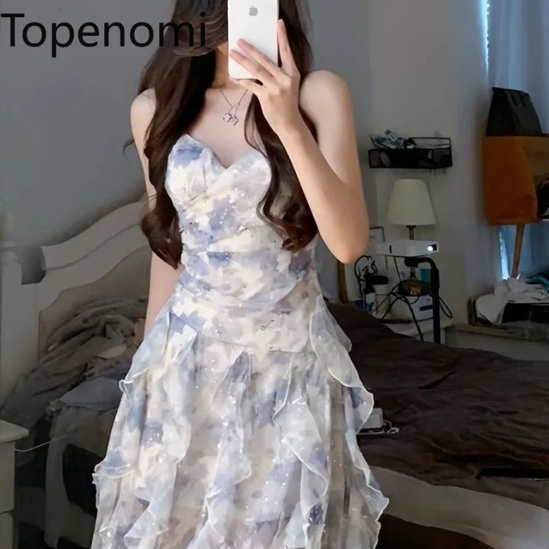 Topenomi Floral Suspender Dress Women 2025 New Vacation Core V Neck Waist Ruffle A Line Long Dresses Fairy Sleeveless Beach Robe