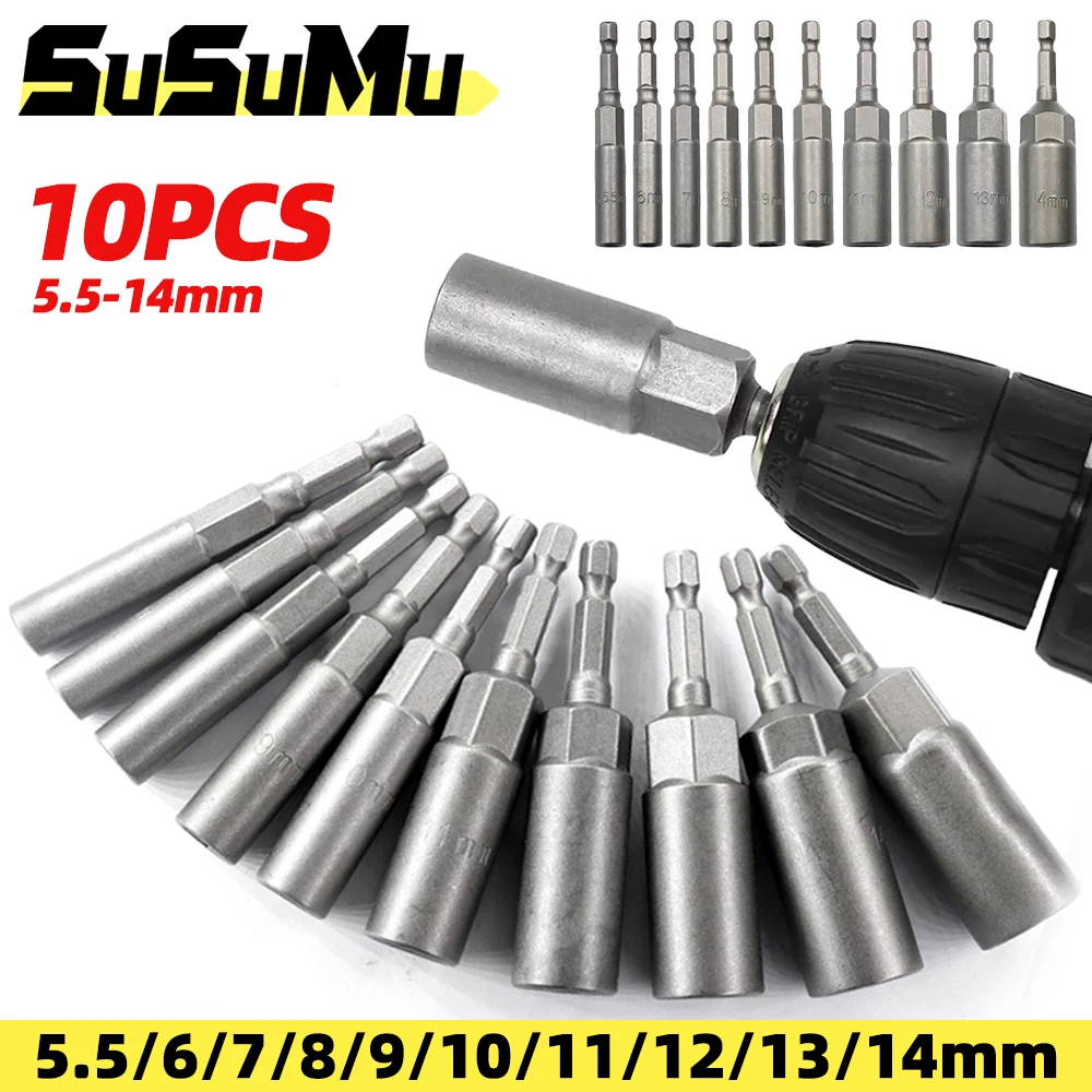 10Pcs Hex Socket Sleeve Nozzles Nut Driver Set Power Screwdriver Handle Tools Pneumatic Bits Insert Drills Impact 5.5mm-14mm