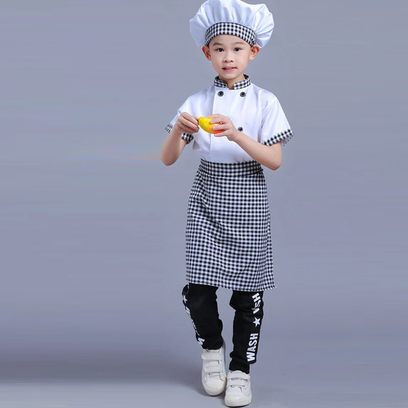 Kids Chef Jackets Kitchen Roleplay Uniform Cook Cap Restaurant Cosplay Costumes Halloween Children Waiter Waitress Aprone Suit