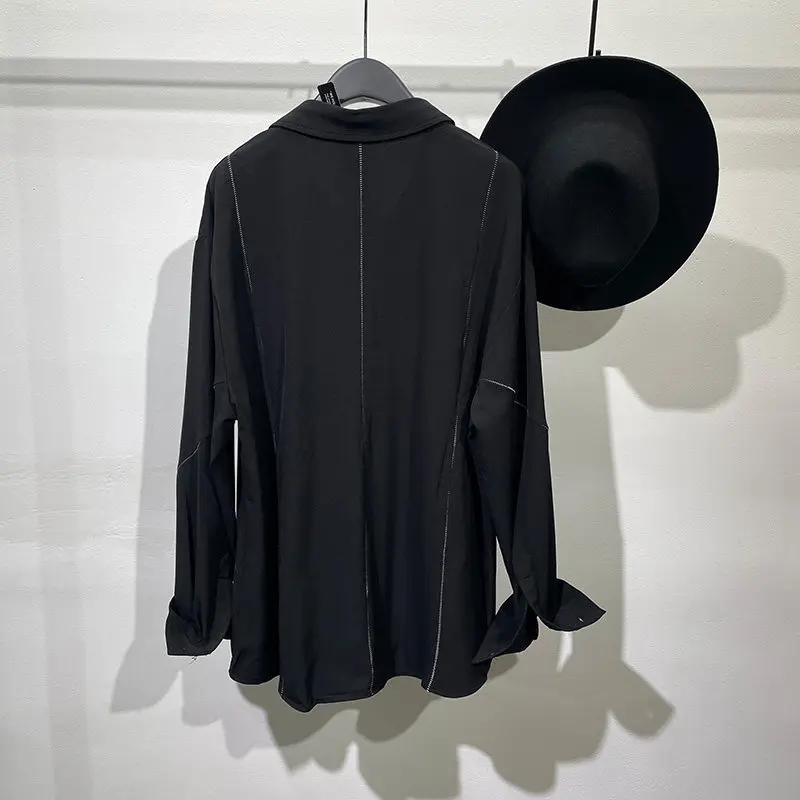 Designer Autumn Dark Non-Ironing Personality Stitching Loose Long-Sleeved Shirt Men's Fashion Simple Top