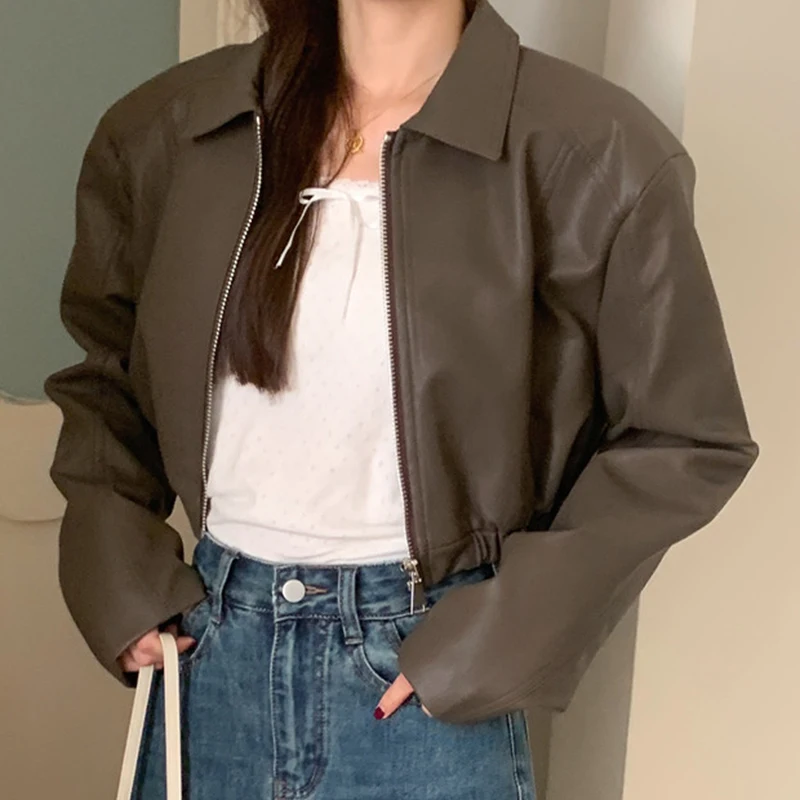 Chic American Sle PU หนัง Jaet ort หลวม Fit ยาว Sve ซิปผู้หญิงเสื้อแจ็คเก็ต Faion เดินทางสวมใส่