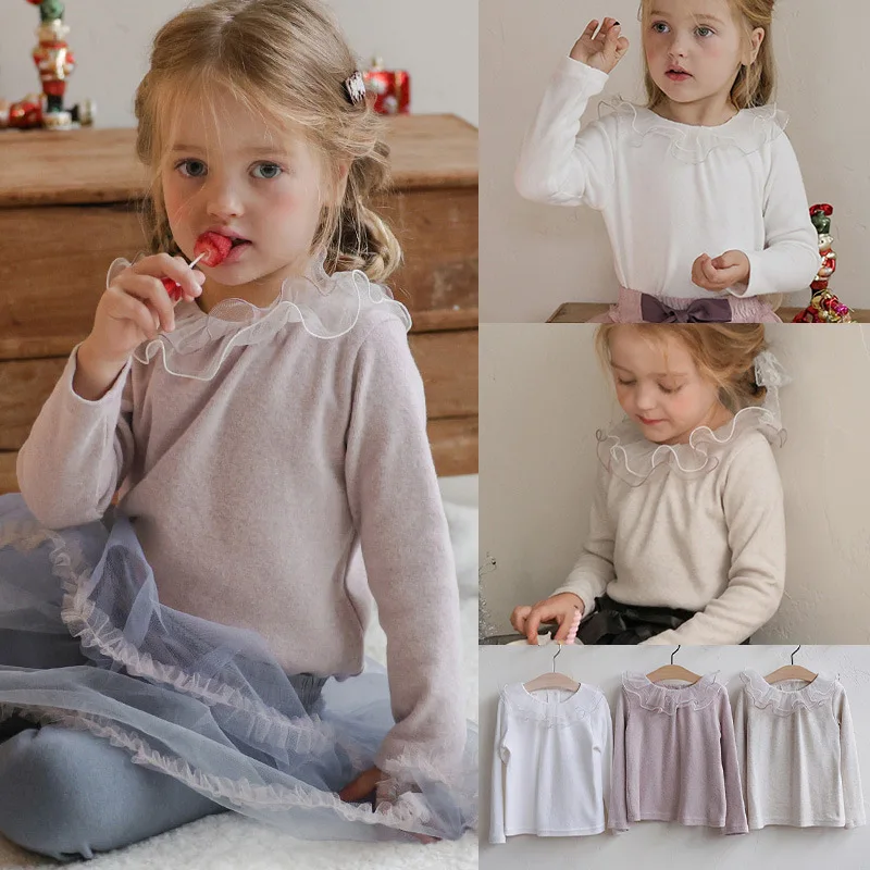

Kids Baby Girls Shirt New Winter Ruffle Collar Thicken Warm Toddler Girls T-shirt Korean Solid Color Infant Girls Undershirt