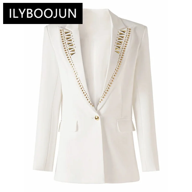 

ILYBOOJUN Solid Patchwork Diamonds Elegant Coats For Women Notched Collar Long Sleeve Temperament Elegant Blazer Female New