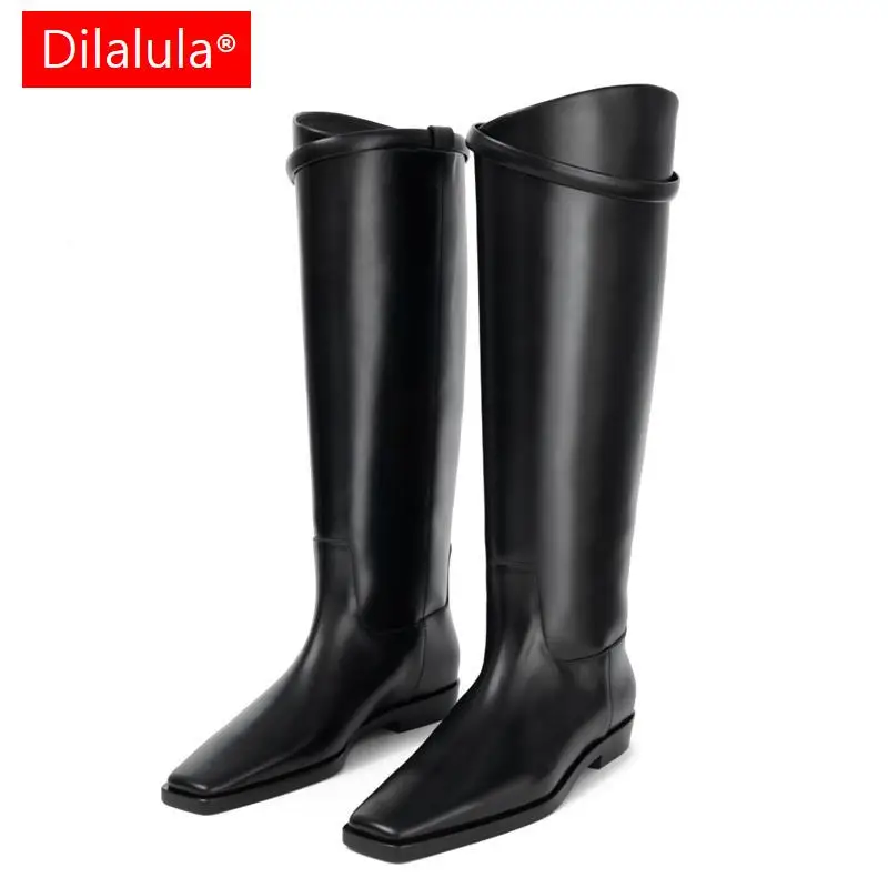 Dilalula Popular Genuine Leather Women Knee High Belt Boots Ladies Square Toe Low Heels Knight Boots Female Autumn Winter 2024