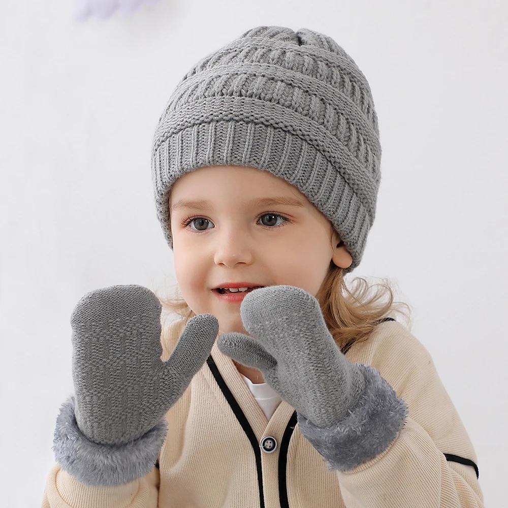 Children's hat and glove two-piece set Boys' and girls' Fleece knitted caps and gloves kids Small round hat + glove set