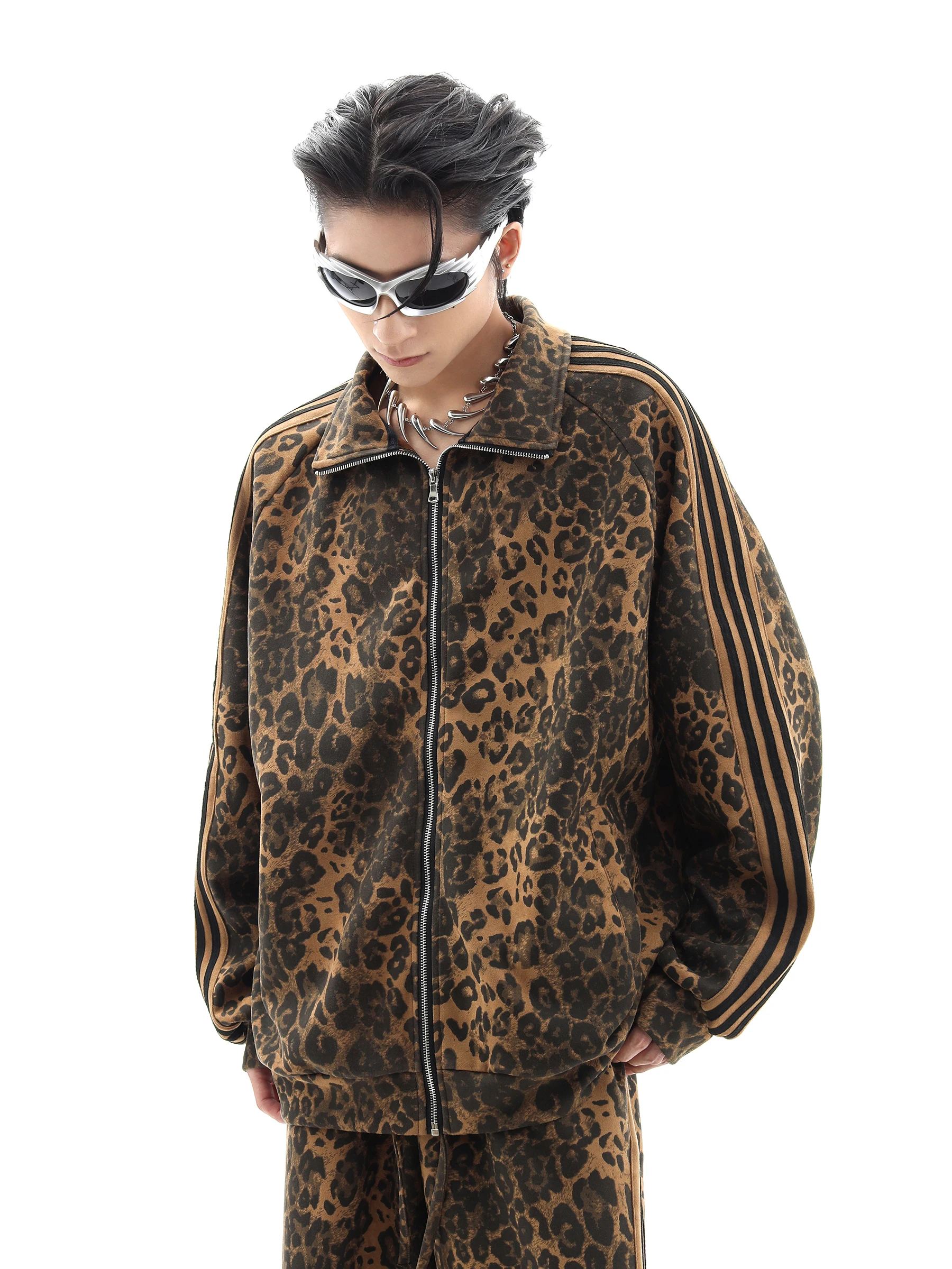 

Trendy American Hip Hop Street Dance Leopard Print Jaet ex Autumn Loose Sport Stripe Zipper Jaet Couple Matching