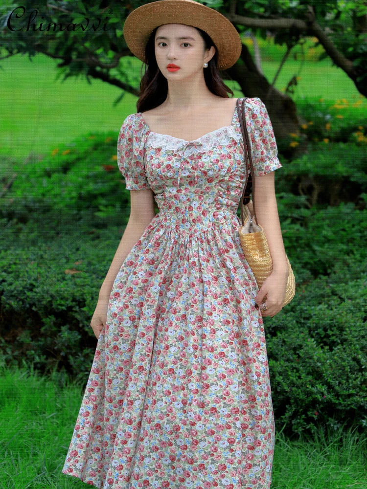

French Elegant Retro Lace Square Bow Neck Puff Sleeve High Waist Slim A-line Fashion Printed Casual Long Dress For Women Summer