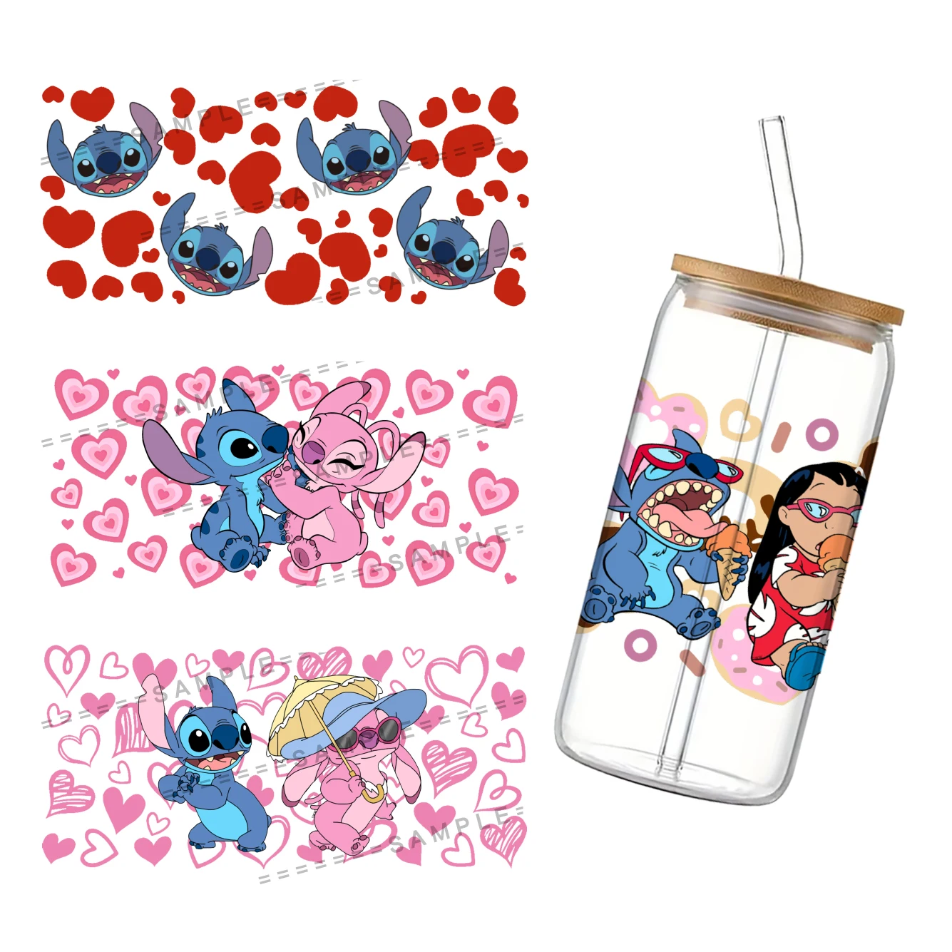 Disney Stitch Valentine's Day Theme UV DTF Cup Wrap for 16Oz Libbey Glass Can DIY Transfer Sticker