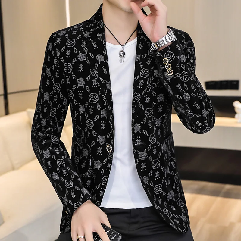 Blazer New Men\'s Fashion Corduroy Business Gentleman Slim Letter English Style Outdoor Performance Wedding Banquet Casual Blazer