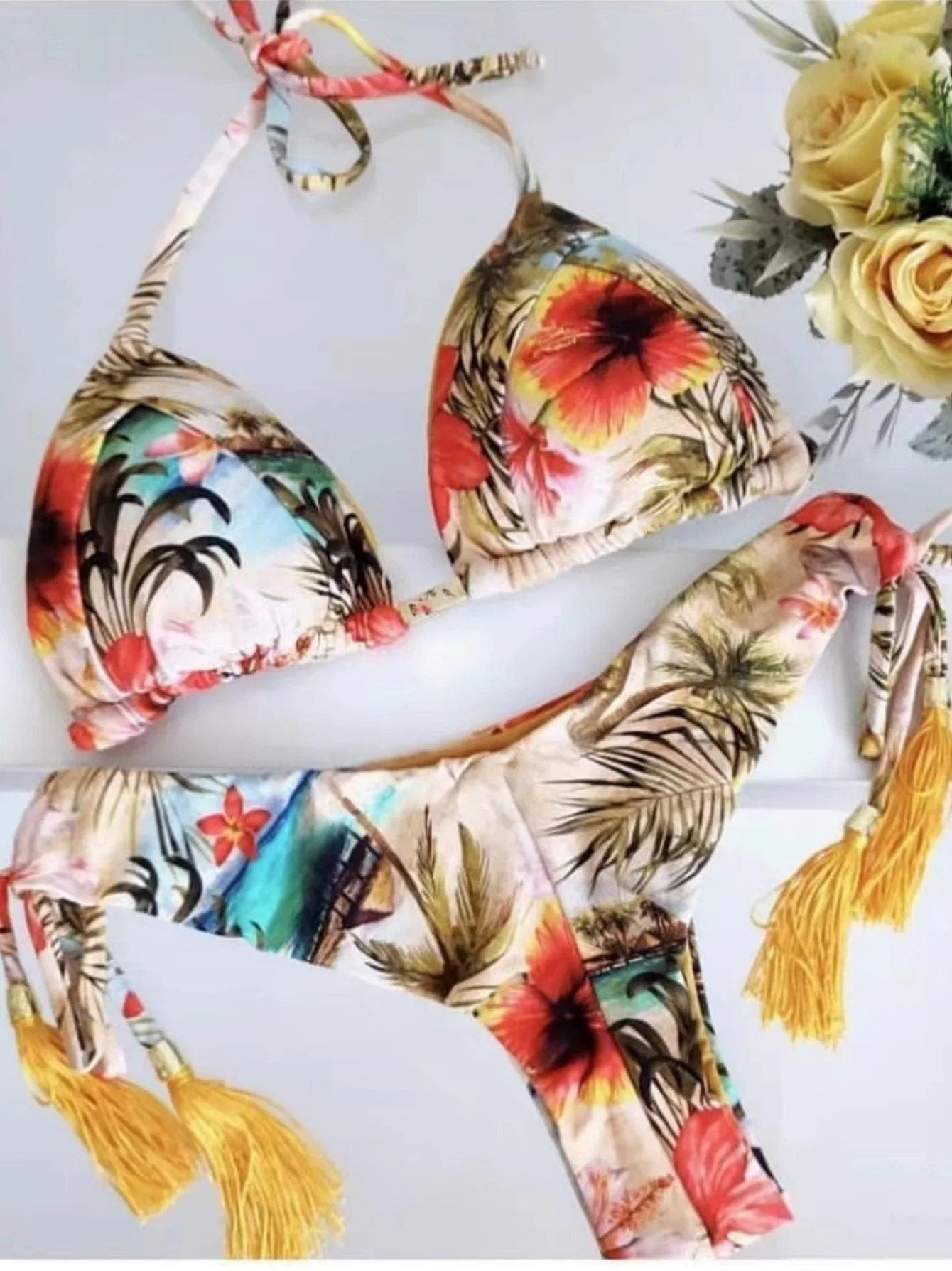

New Sexy Bikini Set Women Floral Beach Swimwear Handmade Tassel Swimsuit Summer Holiday Bathing Suit Push Up Brazilian Biquini