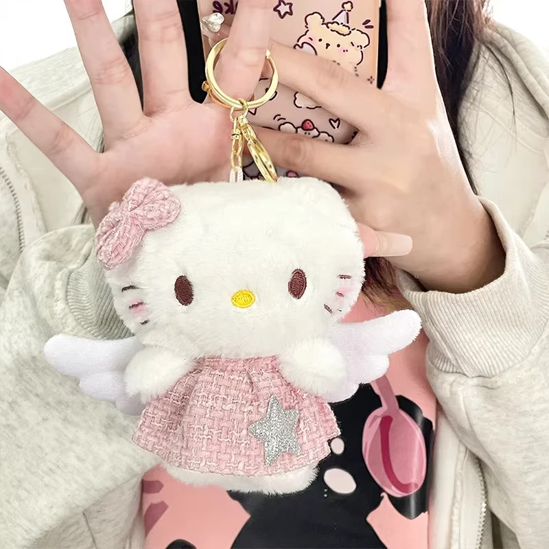 Hello Kitty Plush Doll Sanrio Fluffy Pendant Cute Kt Cat with Wings Schoolbag Hang Decor Stuffed Toys Keychain Kid Birthday Gift