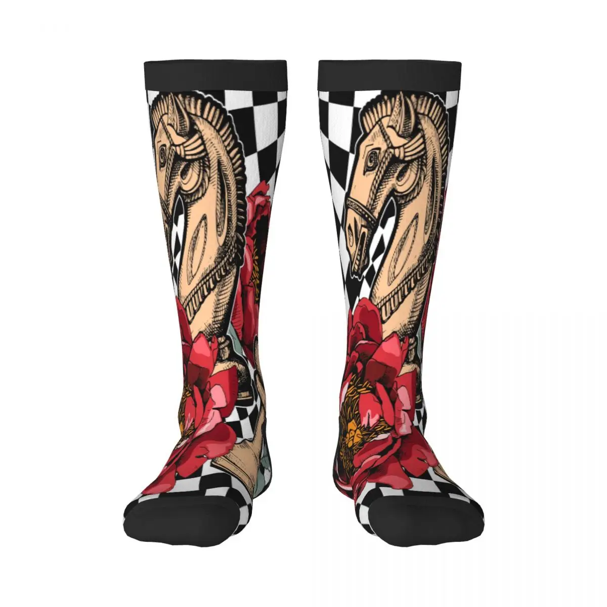 Stockings Funny Autumn Casual Warm Socks Red Peony With The Knight Chess Figure On Chessboard Soft Winter Knee High Socks