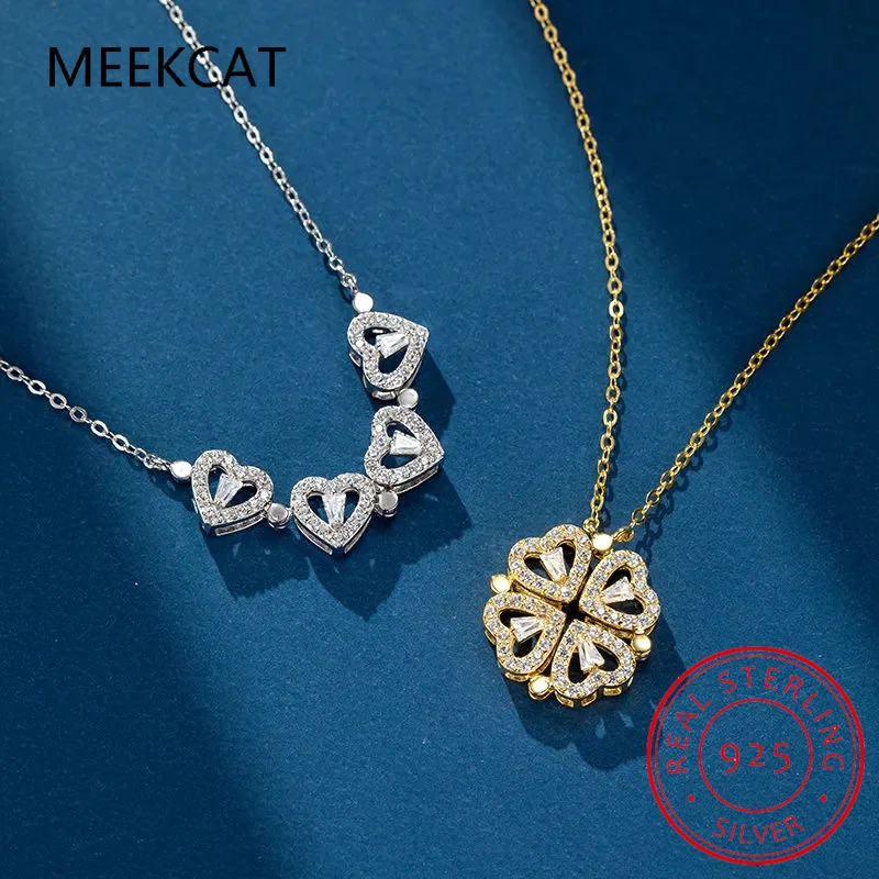 Luxurious Two In One Love Heart Four Leaf Clover Necklace 925 Silver Jewelry Zircon Lucky Grass Fashion Women Girl Gifts