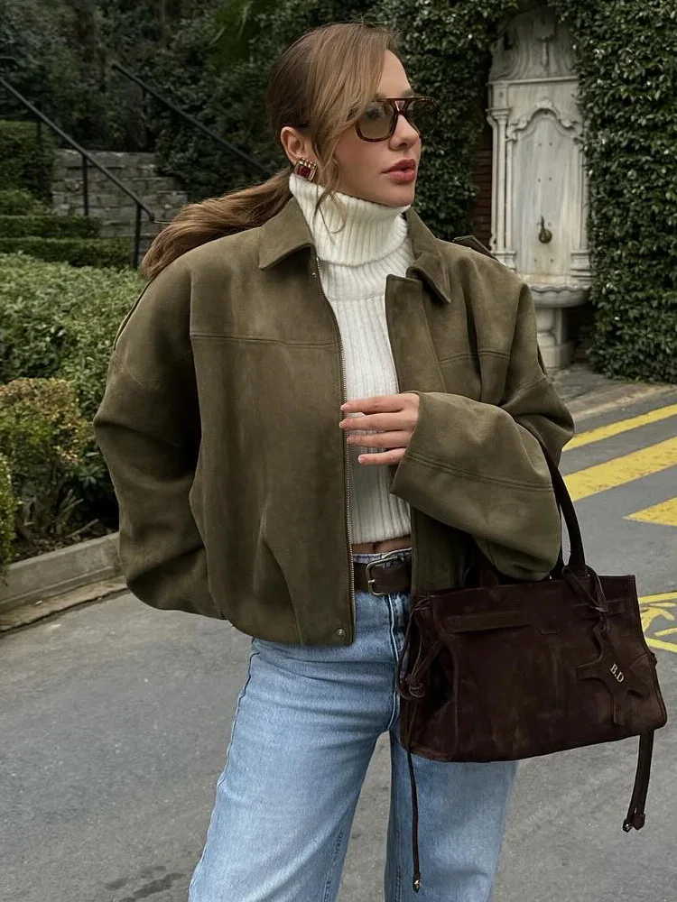 HH Vintage Dámská semišová bomberová bunda s dlouhým rukávem a klopou na zip, ležérní kabát, jarní pouliční svrchní oblečení - náhled 6