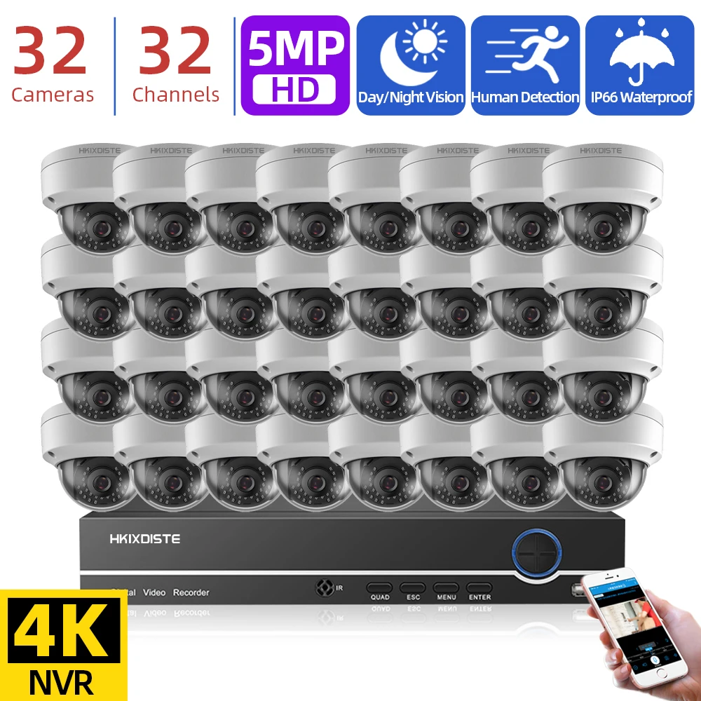 

HKIXDISTE 32Channel 4K 8MP NVR Recorder 5MP Dome POE Camera System 5MP IP Camera Indoor/Outdoor Security Video Surveillance Kit