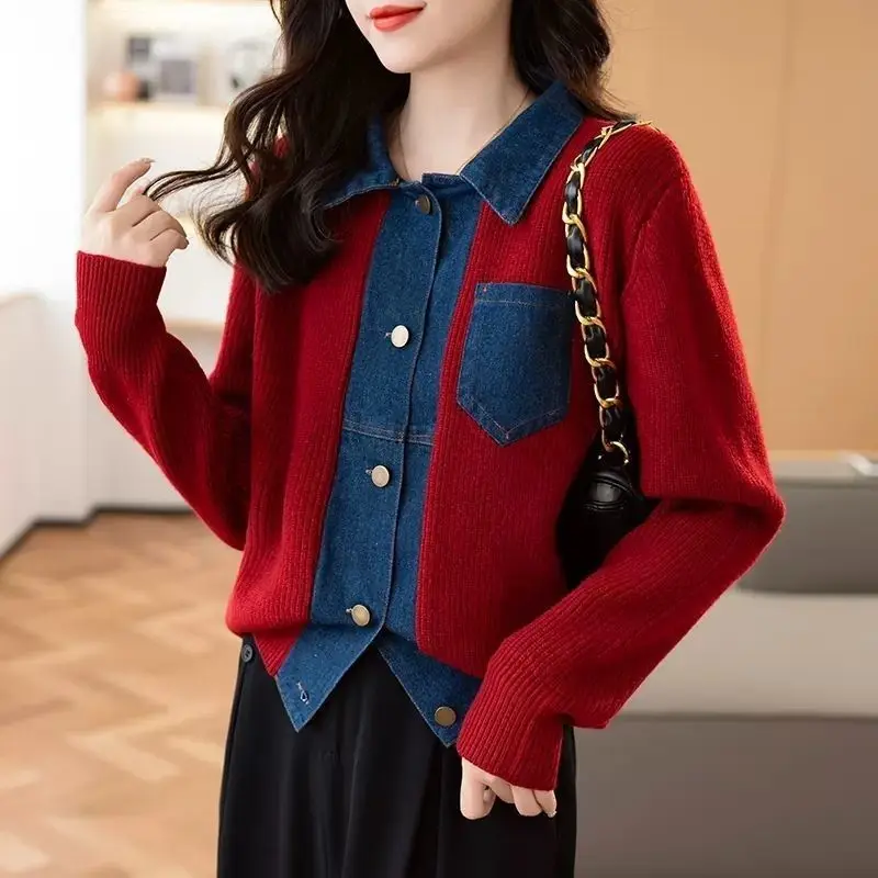 

Denim Patchwork Women's Cardigans Korean Streetwear Harajuku Cheap Clothes Novelties in Style Fashion Ladies Knit Sweaters Polo