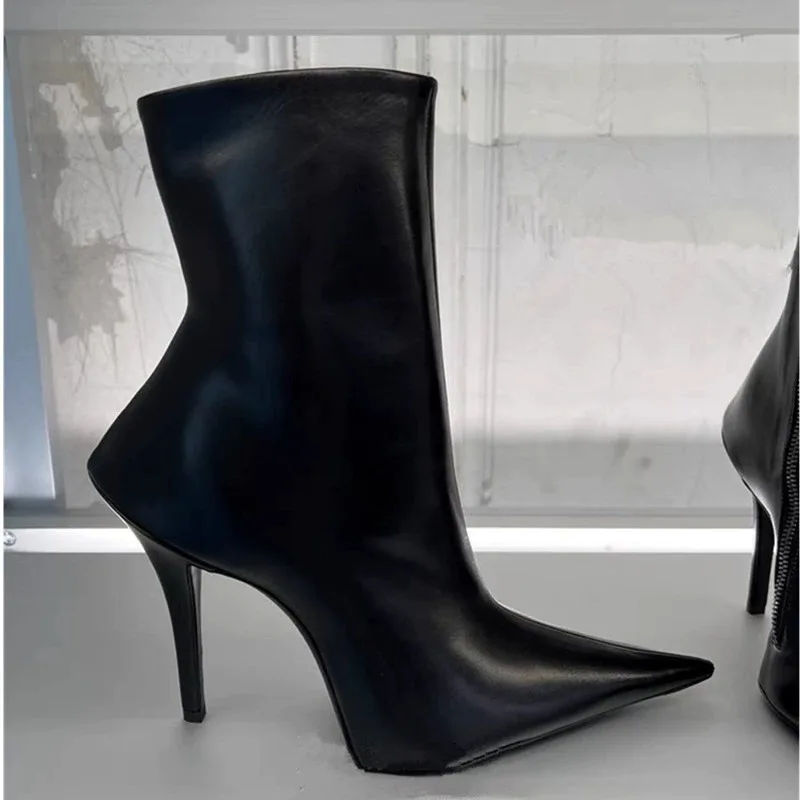 2023 New in Designer Black Letaher Ankle Boots Women Pointed Toe Stilettos Luxury Zipper Boots Party Everyday Shoes on Offer