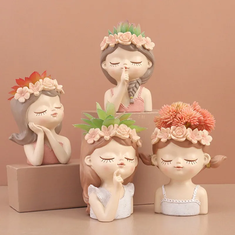 3D Resin Flower Pots Cartoon Beauty Girl Succulents Plant Pot Garden Cactus Planter Indoor Outdoor Plant Containers Flowerpot