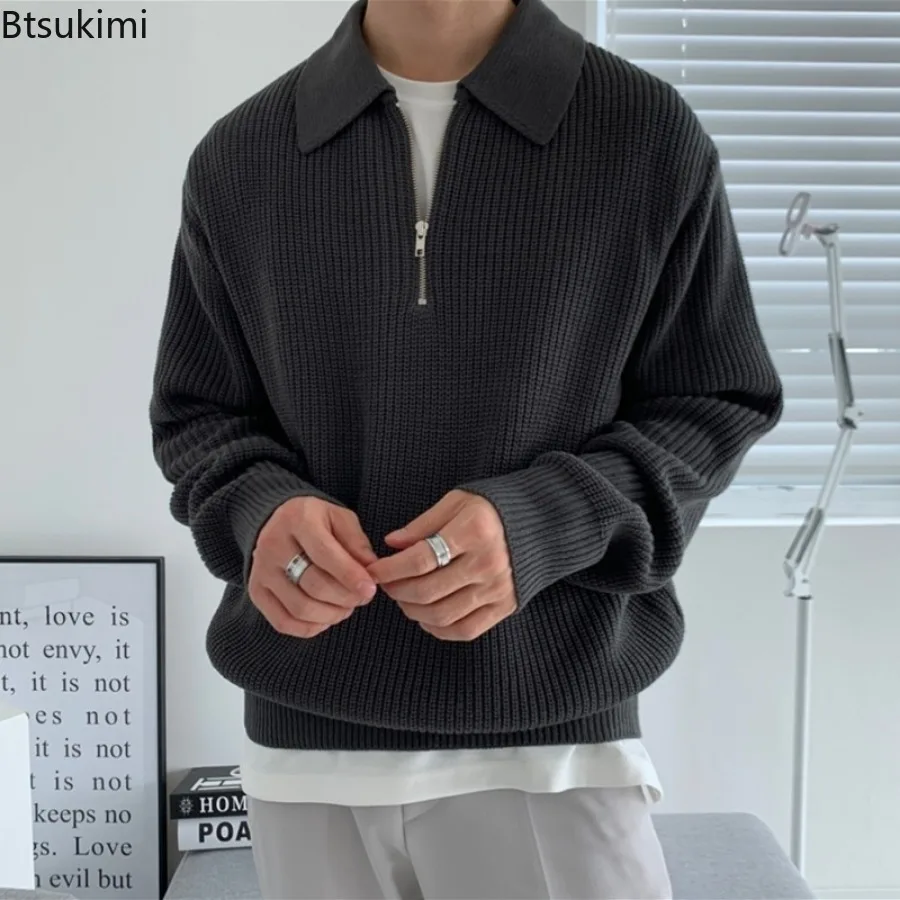 Nuovo 2024 uomo mezza cerniera maglione pullover autunno inverno retrò risvolto lavorato a maglia allentato top moda casual solido maglioni per gli uomini